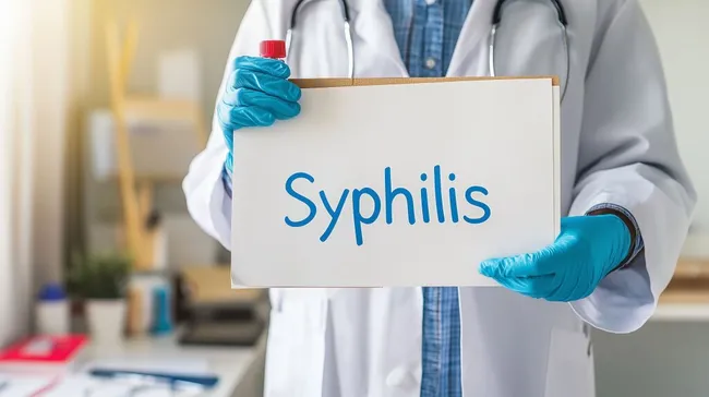 Arzt zeigt Schild mit Syphilis-Hinweis