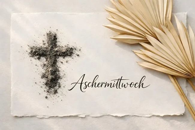 Aschekreuz auf Papier mit Palmzweigen zur Aschermittwoch-Dekoration