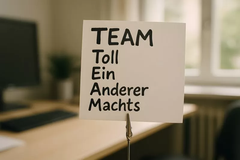 aSchild mit TEAM Spruch Toll Ein Anderer Machts im Büroe mit Spruch in Halterung
