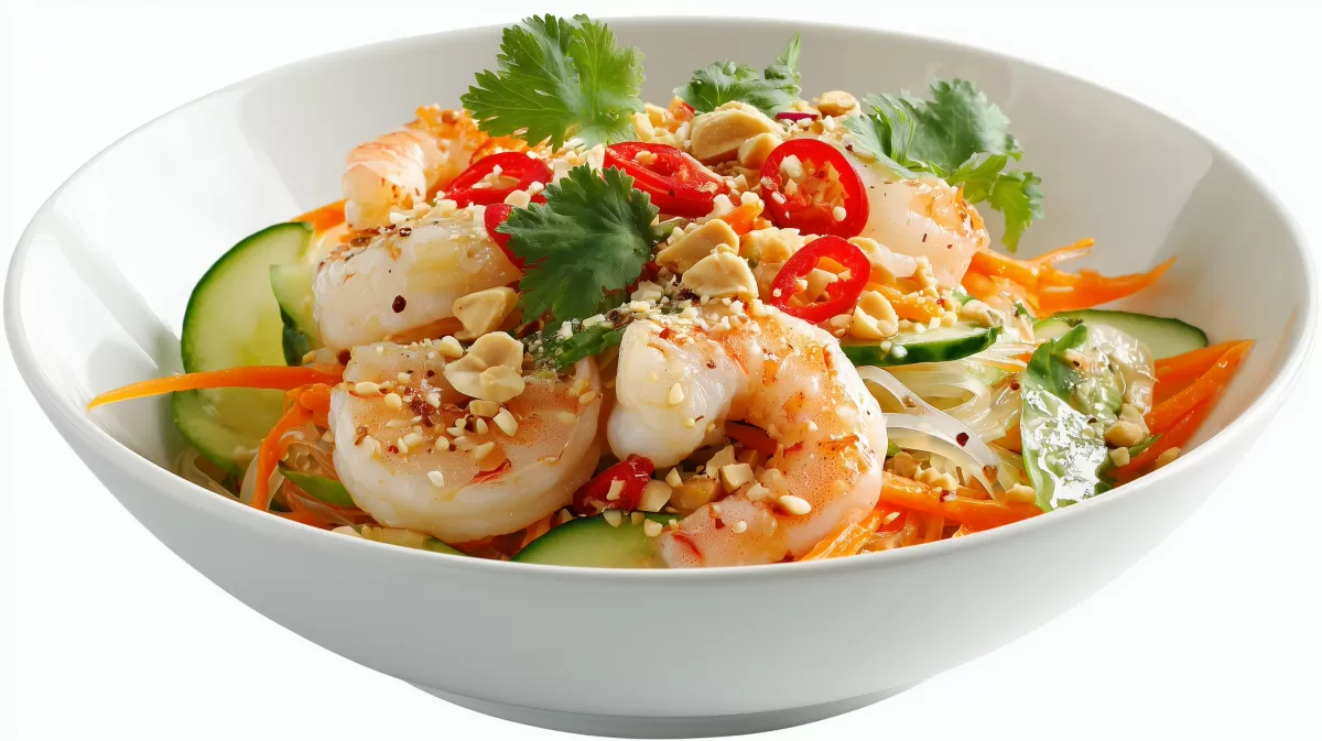 Asia Glasnudelsalat mit Garnelen in weißer Schale