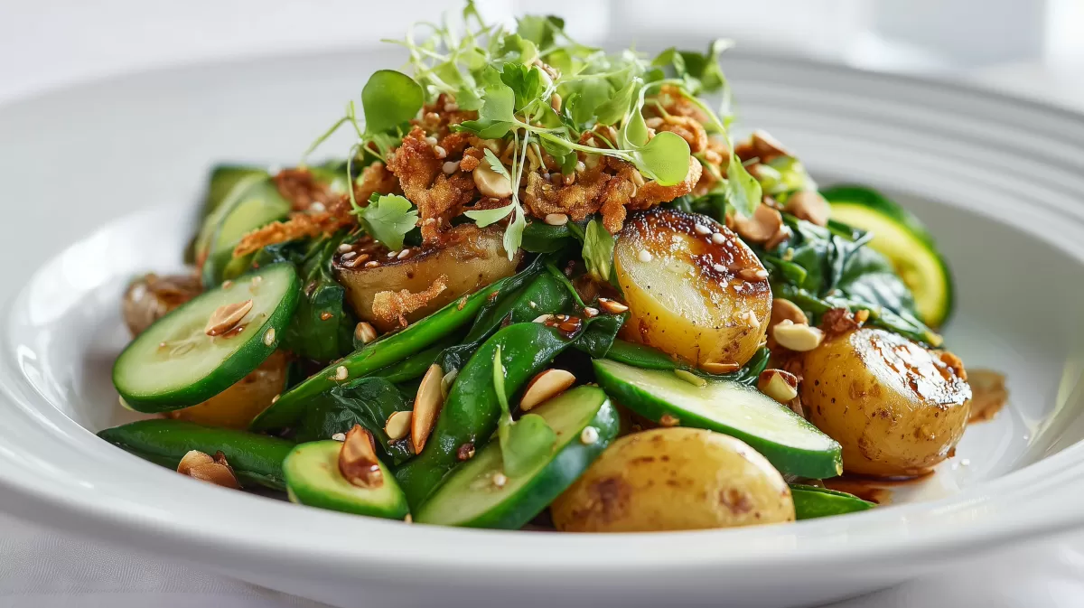 Asia Kartoffelsalat mit Zuckerschoten und Erdnüssen