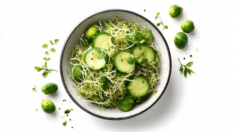 Asia Salat mit Gurke und frischen Sprossen auf weißem Hintergrund