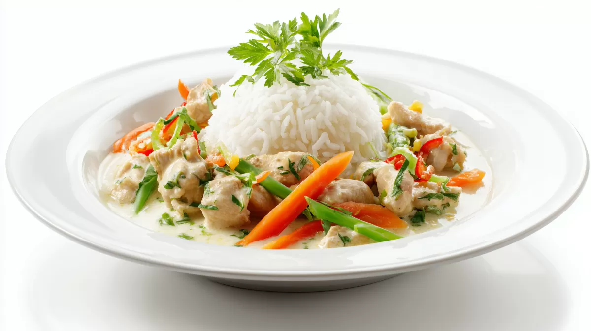 Asiatisch angehauchtes Hühnerfrikassee mit Reis