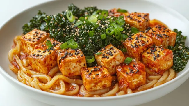 Asiatisch gewürzte Nudeln mit würzigem Tofu
