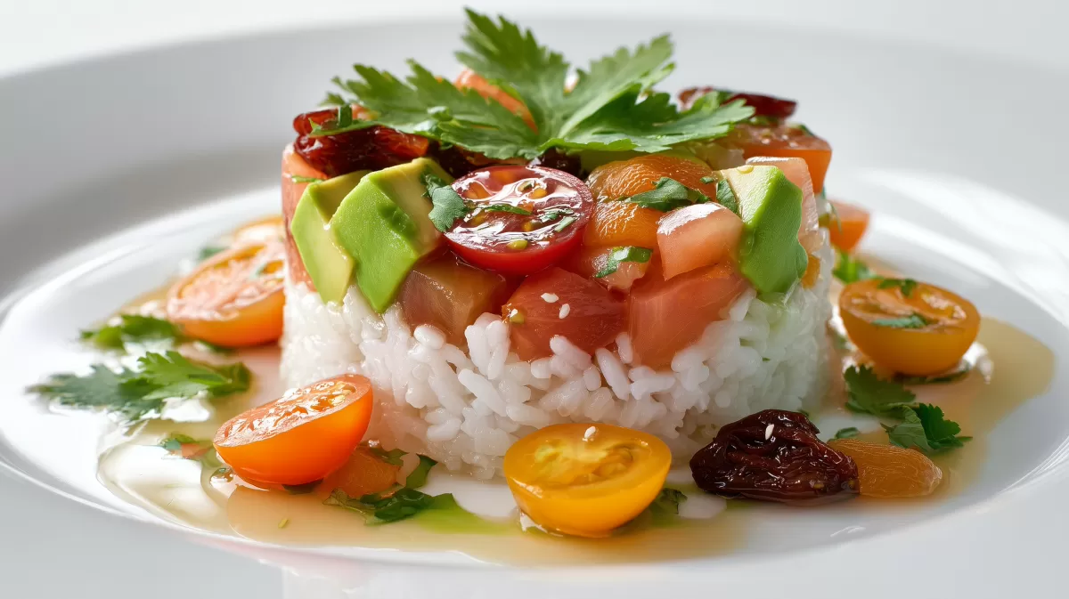 Asiatisch inspirierter Avocado Tomaten Salat mit Reis