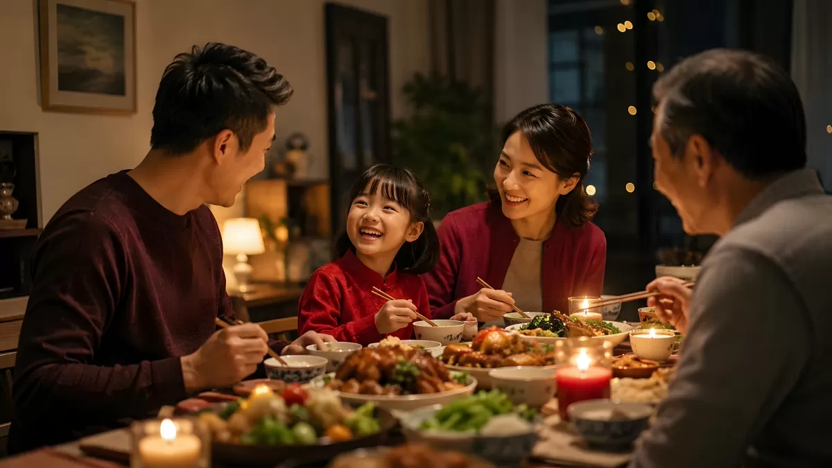 Asiatische Familie beim gemeinsamen Abendessen bei Kerzenlicht