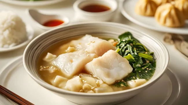 Asiatische Fischsuppe mit Blattspinat und Gewürzen