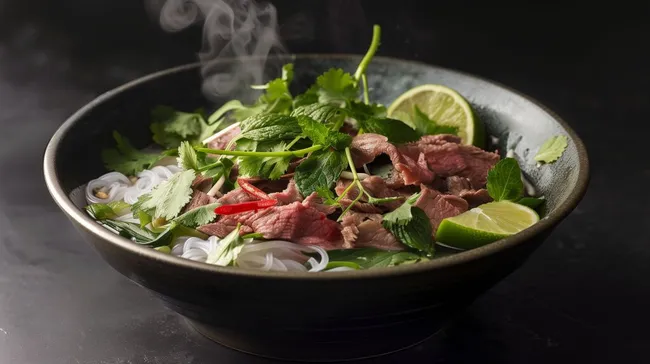 Asiatische Nudel-Rind-Schüssel mit Gemüse und Dampf