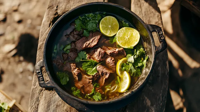 Asiatische Pho-Suppe mit Rindfleisch und Zitrone