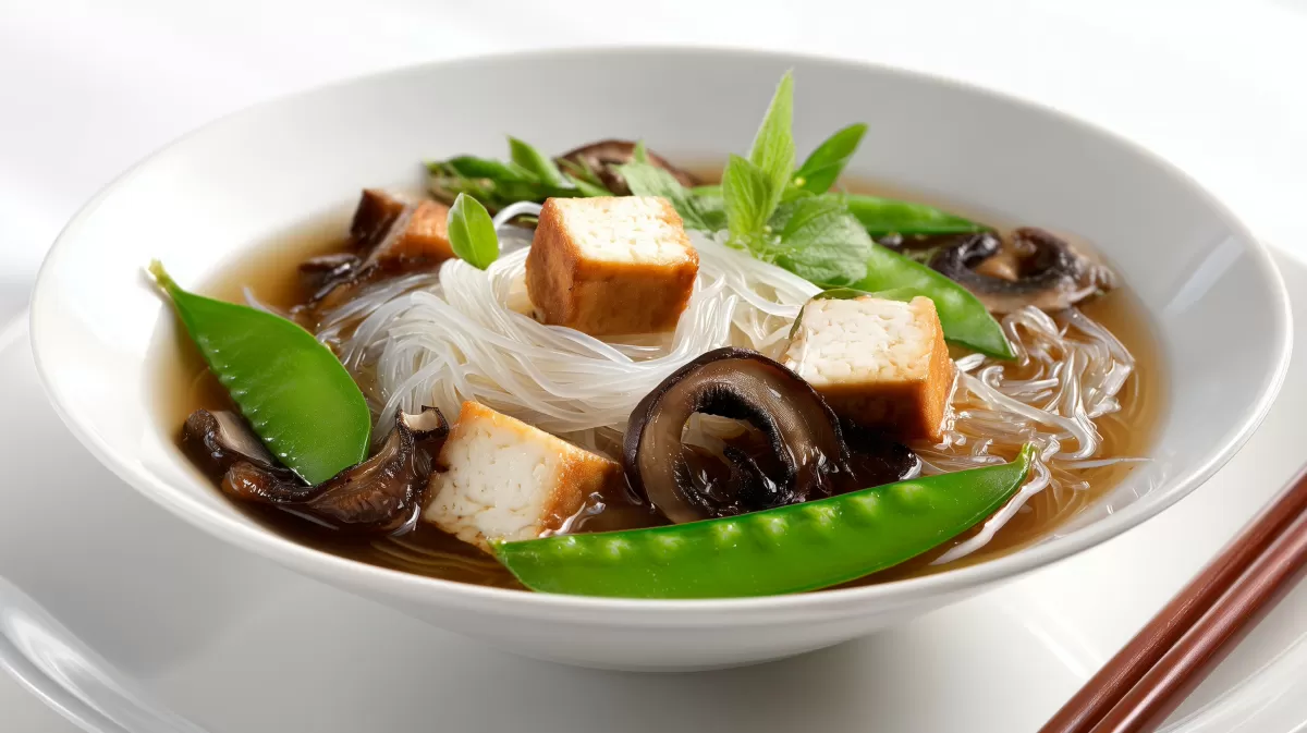 Asiatische Reisnudelsuppe vegan mit Tofu und Pilzen