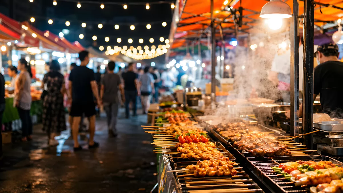 Asiatischer Nachtmarkt mit Grillspießen und Lichterketten