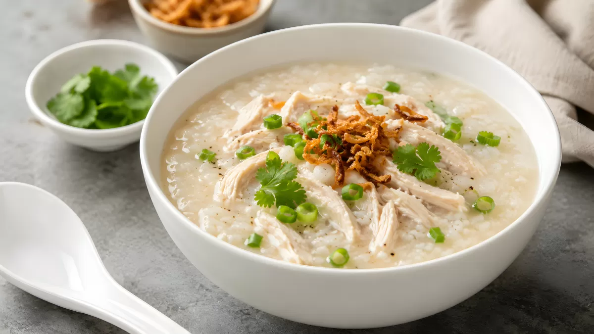 Asiatischer Reisbrei mit Hähnchen und Frühlingszwiebeln