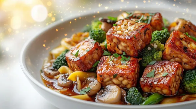 Asiatisches Gemüsegericht mit glasierten Tofu-Würfeln