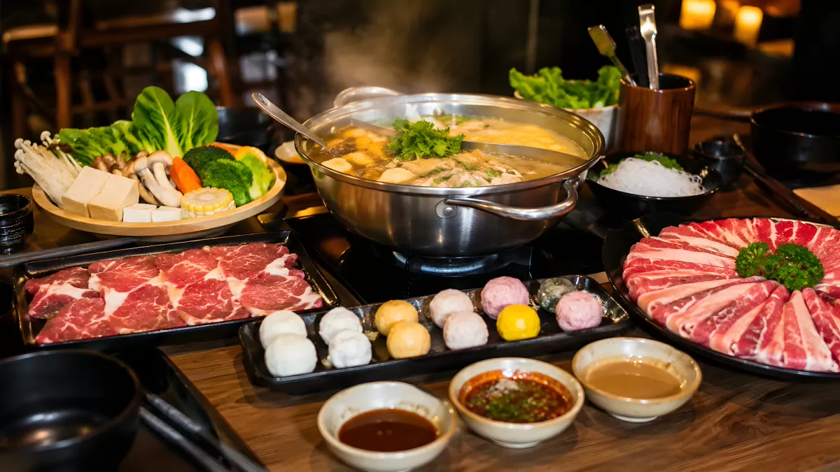 Asiatisches Hotpot-Set mit Fleisch, Gemüse und Soßen