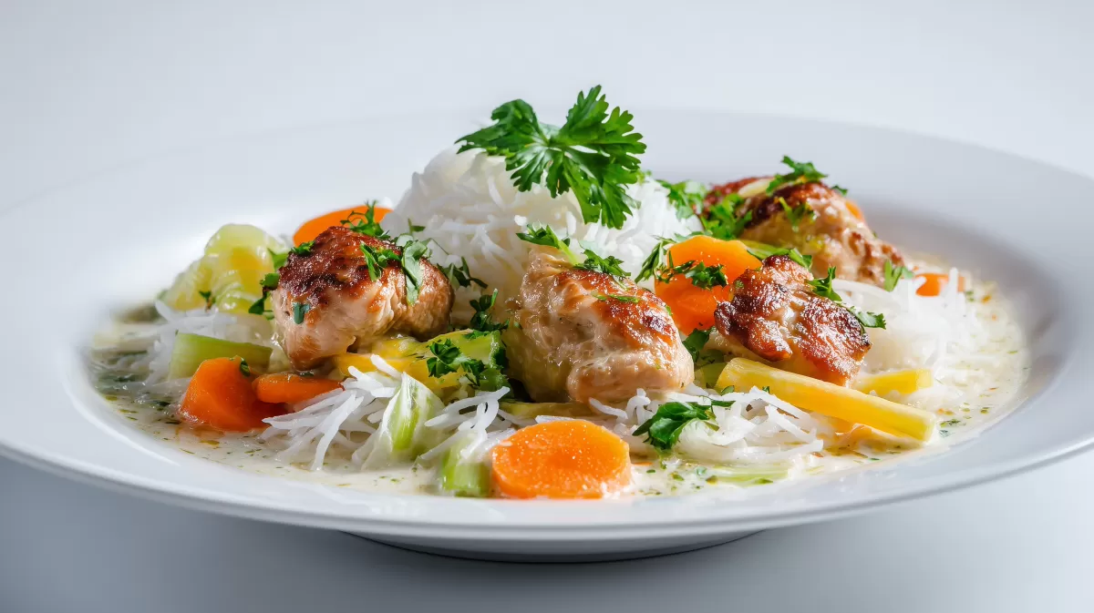 Asiatisches Hühnerfrikassee mit Kokosmilch und Reis