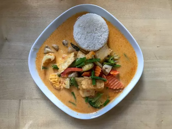 Asiatisches Mittagessen mit scharfer Tofu Thai Currysauce, Reis, frischem Gemüse, Milch, Kokosmilch und Sahne
