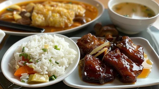 Asiatisches Reisgericht mit Fleisch und Gemüse