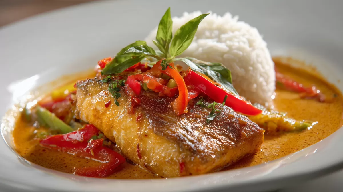 Asiatisches Rotbarsch Curry mit Kokosmilch und Reis