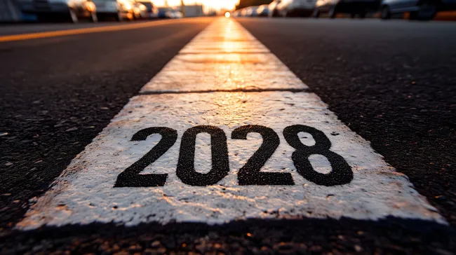 Asphaltstraße mit Jahreszahl 2028 bei Sonnenuntergang