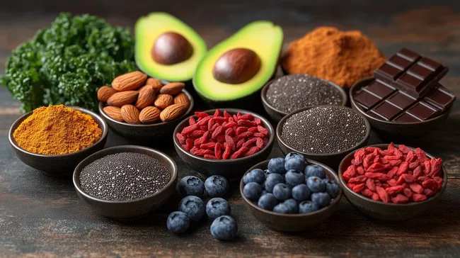 Assortment of Nutrient-Rich Superfoods on Rustic Wooden Table