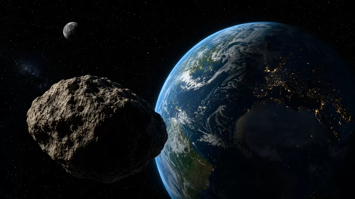 Asteroid 2026JH2 nähert sich der Erde mit Mond im Hintergrund