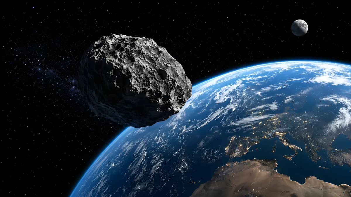 Asteroid nähert sich der Erde mit Mond im Hintergrund