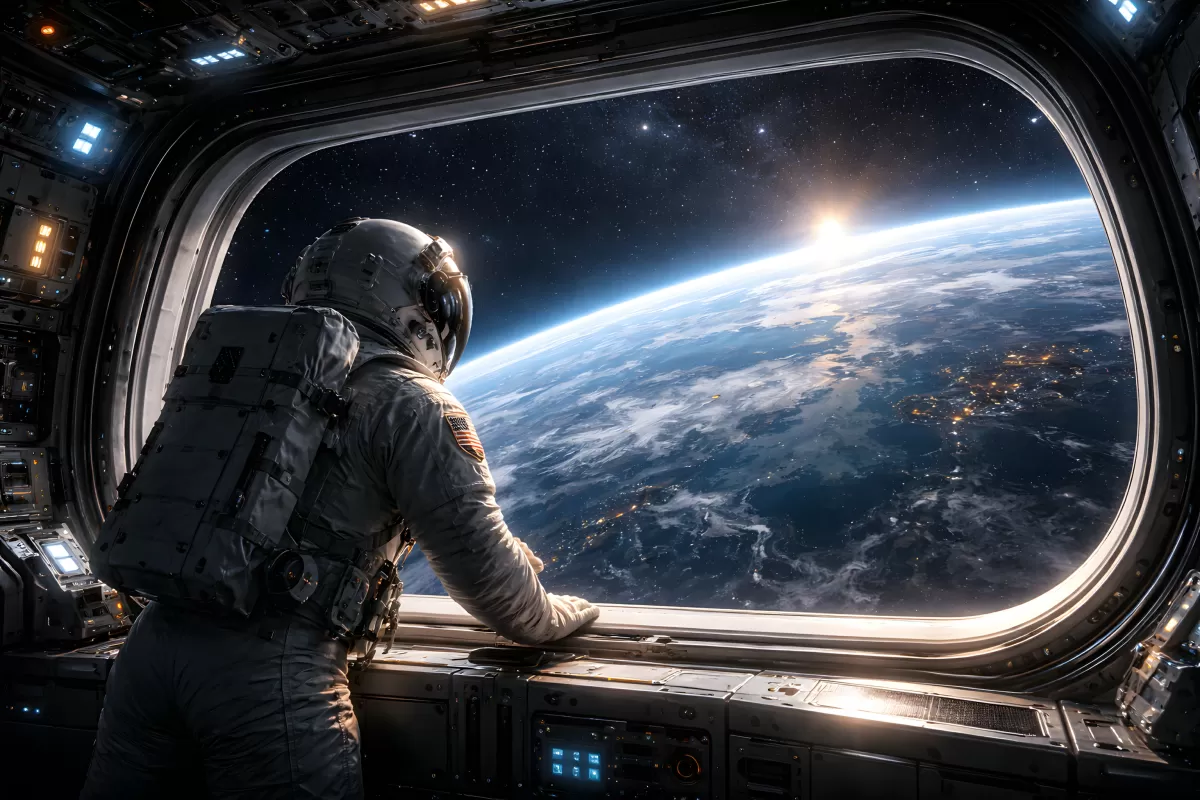 Astronaut blickt aus Raumstation auf die Erde