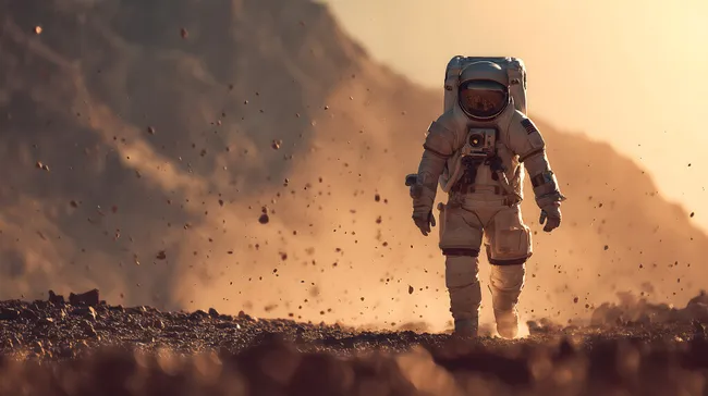 Astronaut erforscht staubige Marsoberfläche bei Sonnenuntergang