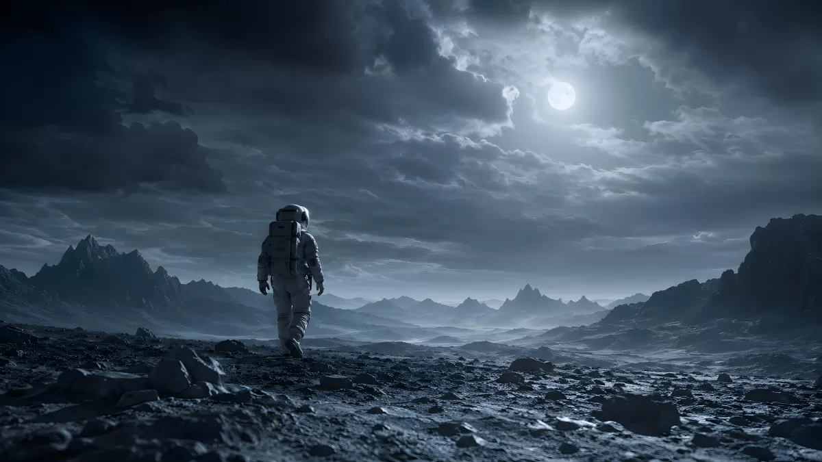 Astronaut erkundet felsige Mondlandschaft bei Nacht