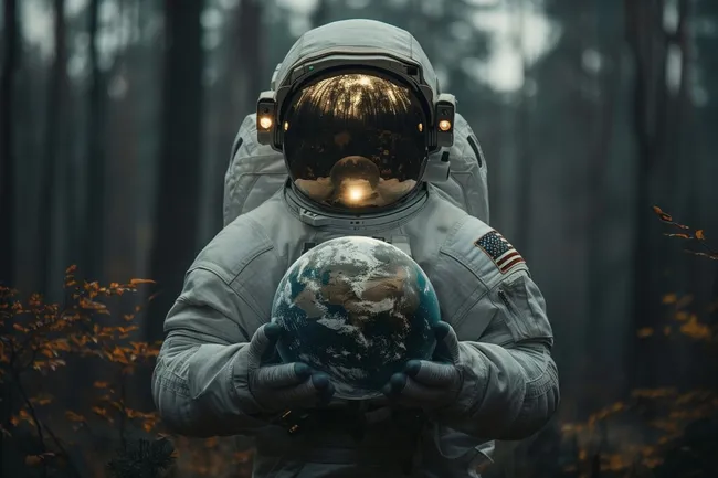 Astronaut hält Erde in Händen im Wald