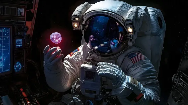 Astronaut hält leuchtenden Asteroiden in Raumstation