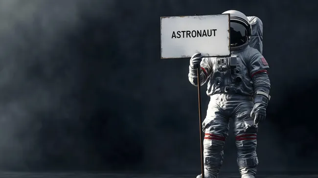 Astronaut im Weltraum hält Schild vor sich