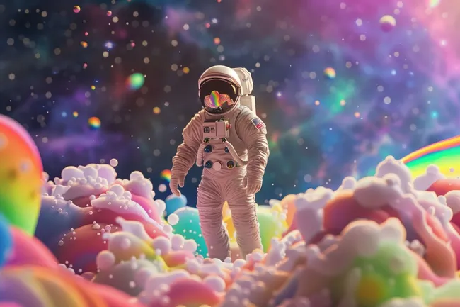 Astronaut in farbenfroher Traumlandschaft