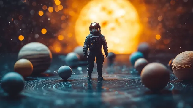 Astronaut in kosmischer Landschaft mit Planeten