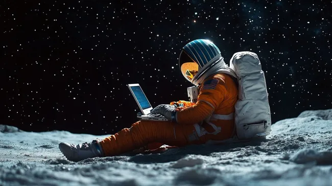 Astronaut mit Laptop auf Mondoberfläche bei Sternenhimmel