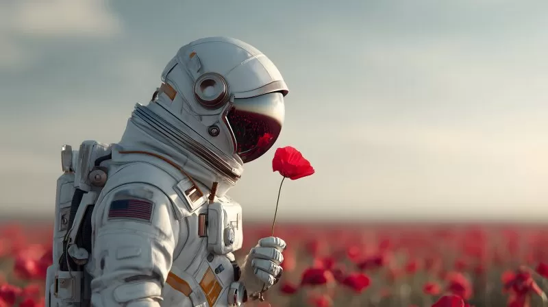 Astronaut mit roter Mohnblume im Feld