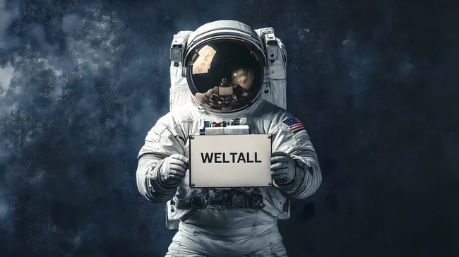 Astronaut mit Weltall-Schild vor Planetenreflexion