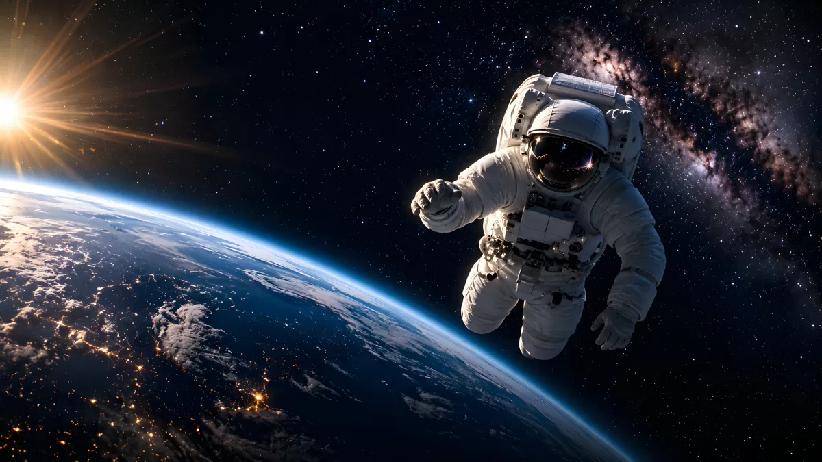 Astronaut schwebt frei im Weltall über der Erde