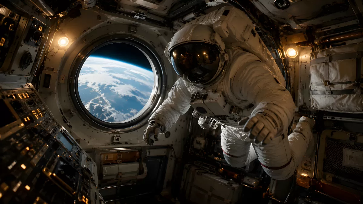 Astronaut schwebt in Raumstation mit Blick auf die Erde
