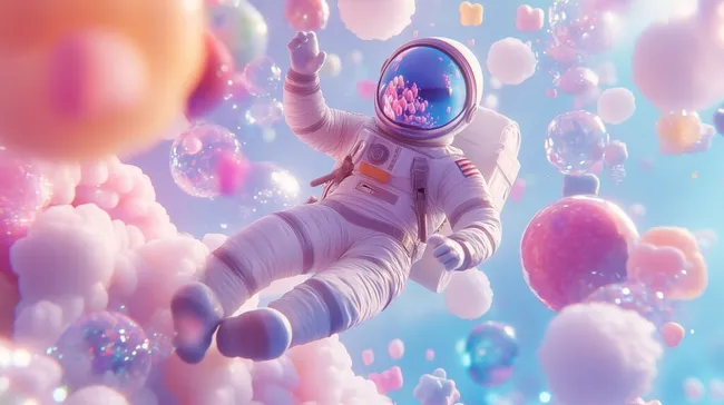 Astronaut schwebt in surrealer Wolkenwelt