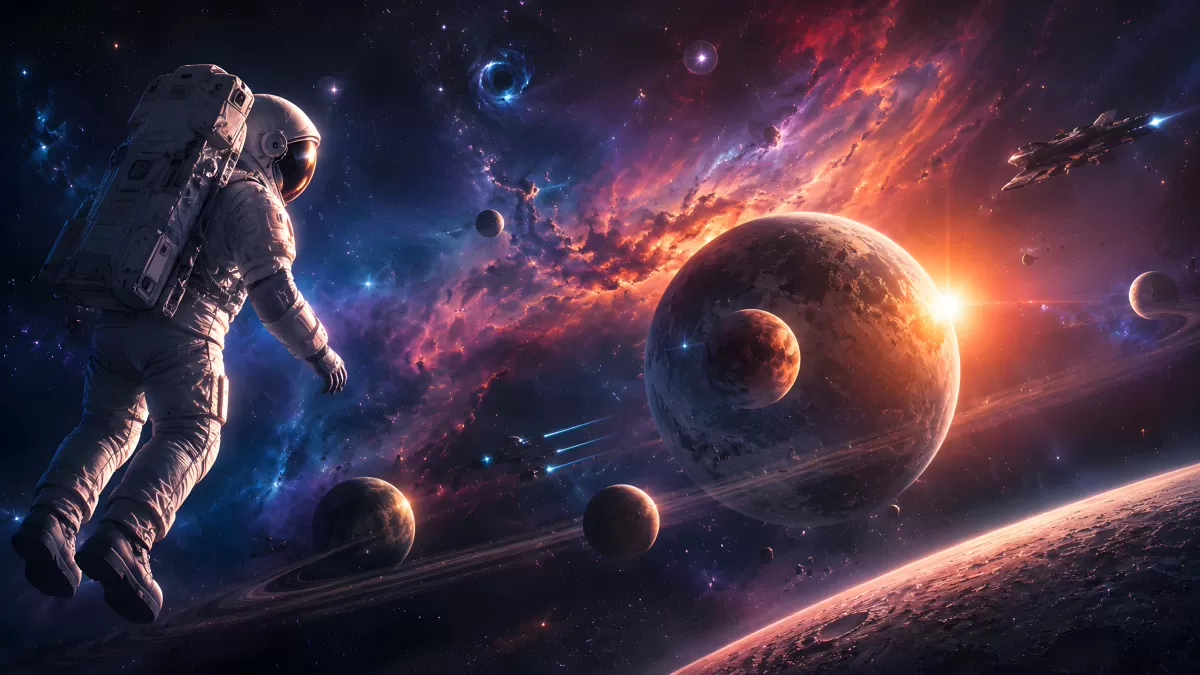 Astronaut schwebt vor buntem Nebel und Planeten
