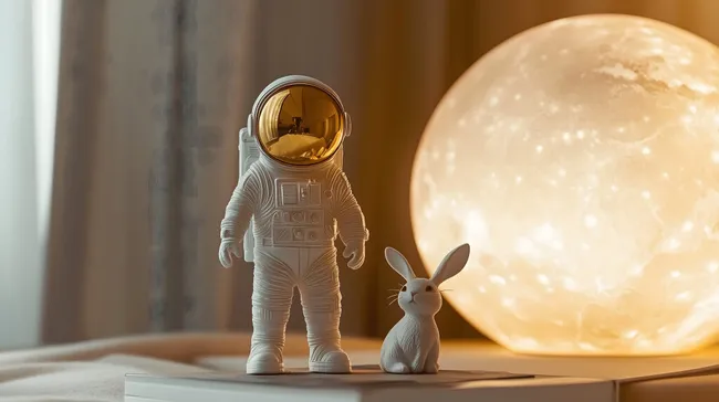 Astronaut und Hase vor leuchtender Mondkugel