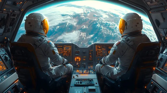 Astronauten beobachten die Erde aus dem Cockpit