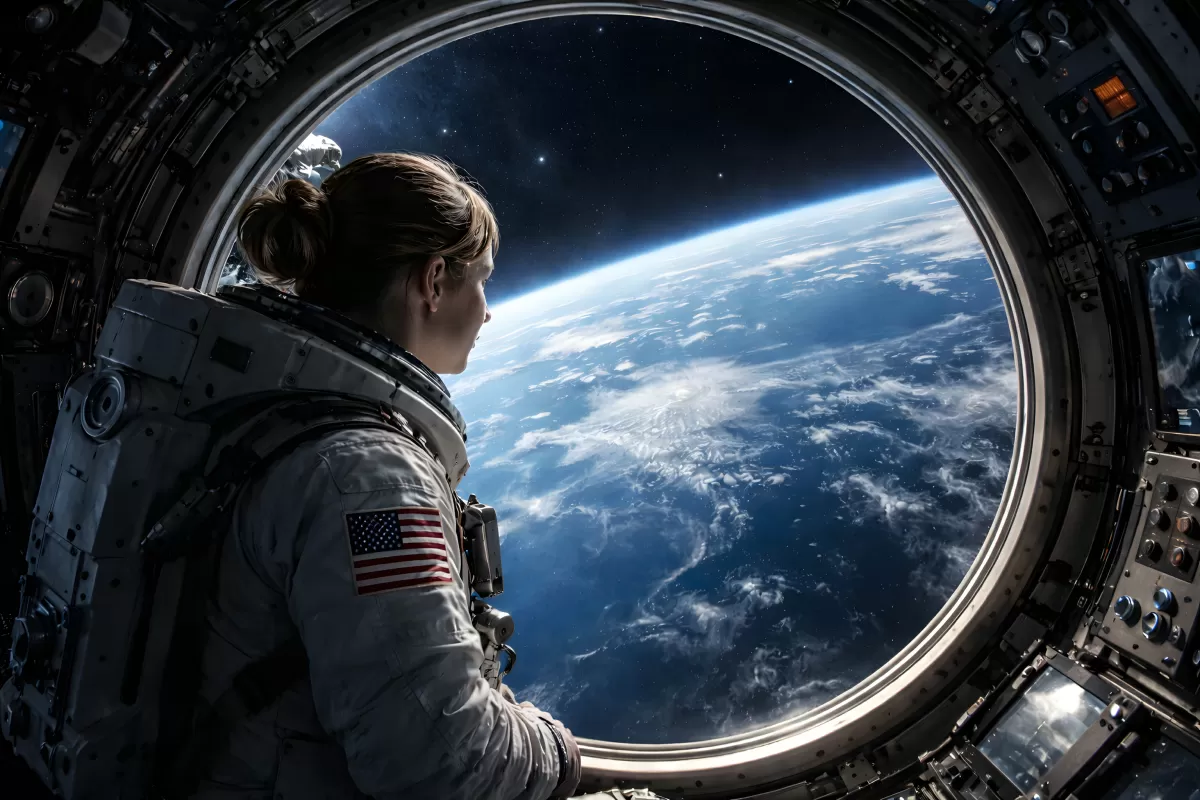 Astronautin blickt durch Raumstation-Fenster auf die Erde