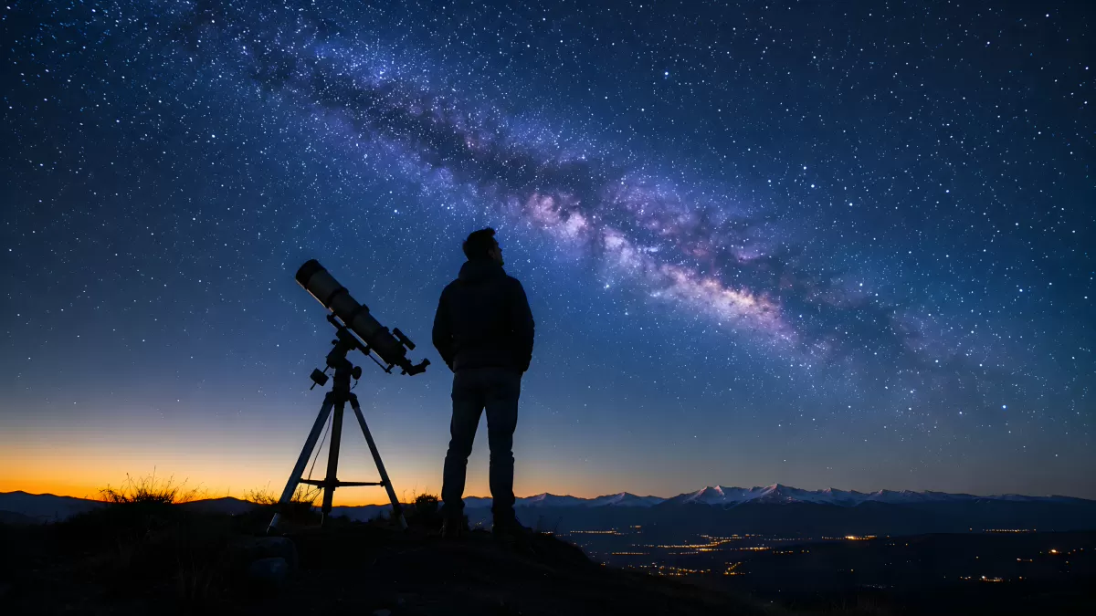 Astronom beobachtet die Milchstraße mit Teleskop