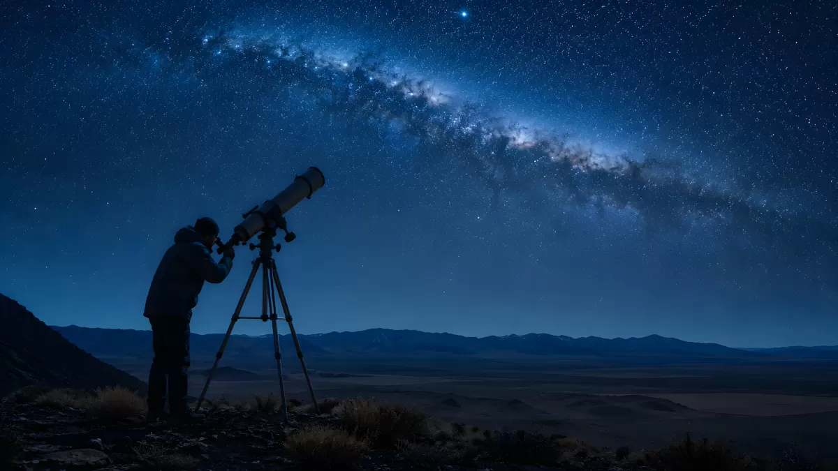 Astronom beobachtet Milchstraße mit Teleskop bei Nacht