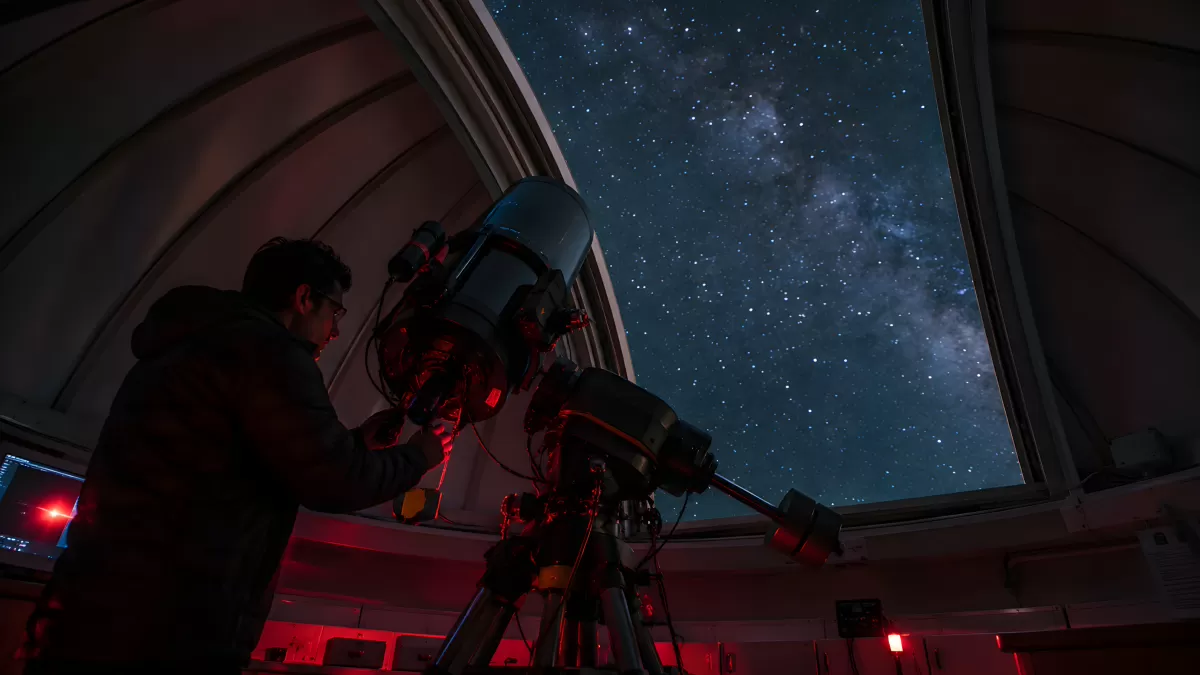 Astronom justiert Teleskop unter dem Sternenhimmel