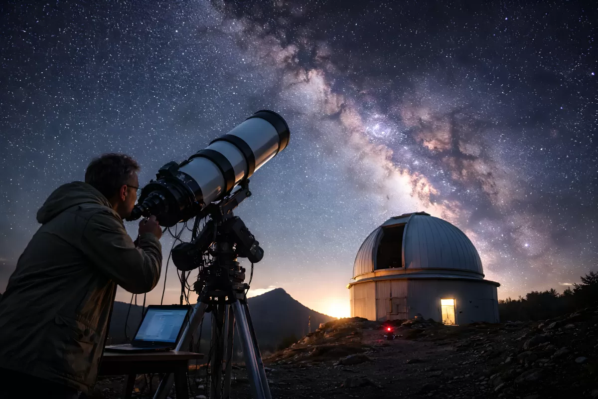 Astrophysiker beobachtet Milchstraße mit Teleskop bei Nacht