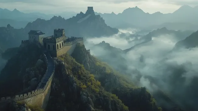 Atemberaubende Aussicht auf die Chinesische Mauer in Nebel