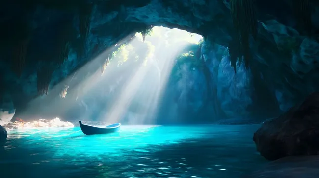 Atemberaubende Meereshöhle mit Sonnenlichtstrahl